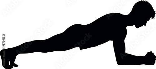 Black vector silhouette of a fit man performing a forearm plank exercise for core strength and gym fitness training illustration.