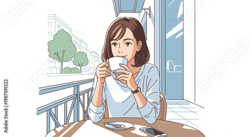 Woman Holding Coffee Cup Smiling.