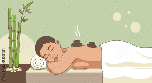 Woman receiving hot stone therapy treatment.