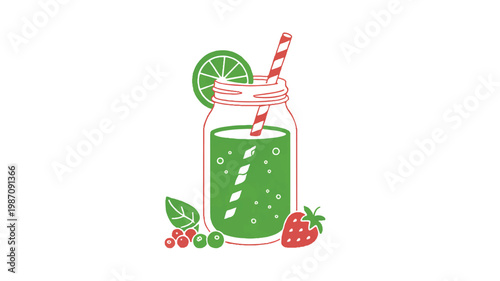 Green smoothie in a mason jar with straw and fruit