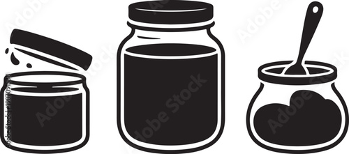 Set of black and white glass jar icons for kitchen storage and preserve food containers