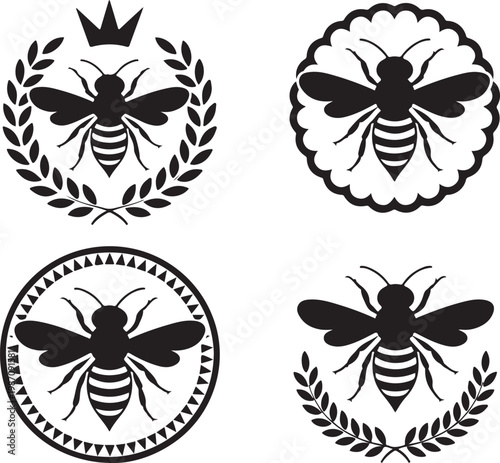 Set of black bee silhouettes decorated with circular shapes crowns and leaves for creative design projects