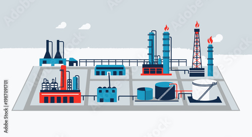 Industrial factory with oil rigs and tanks.