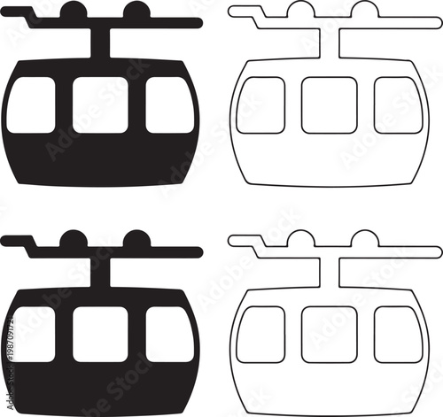 Set of cable car transport icons showing simple modern gondola designs in solid black and outline