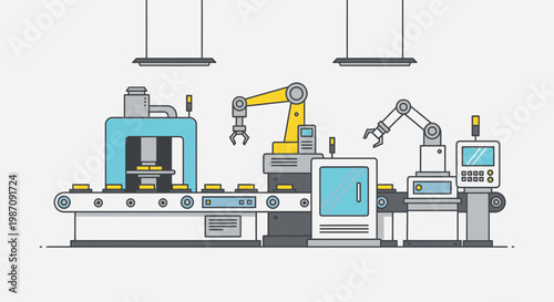 Industrial robotic manufacturing assembly line equipment.