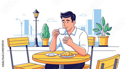 Man Drinking Coffee Alone Outdoors.