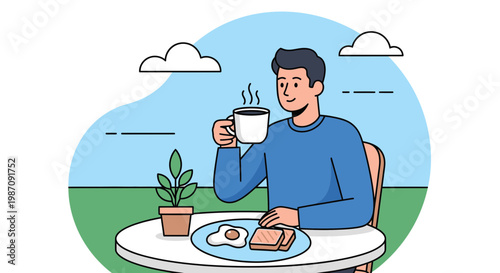 Man eating breakfast with coffee.