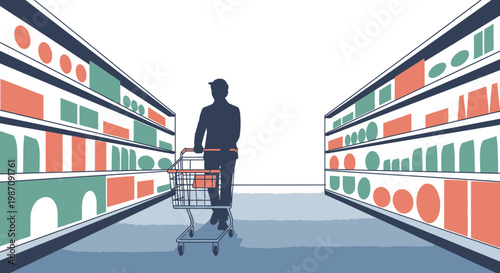 Man pushing shopping cart down aisle.