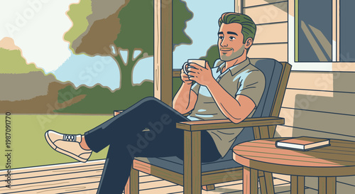 Man sitting on chair relaxing outdoors.