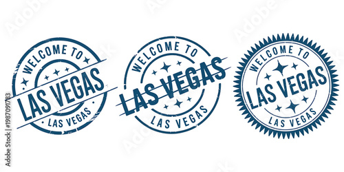 Blue welcome to las vegas rubber stamp set with distressed grunge texture and star elements for travel and tourism souvenir mark.