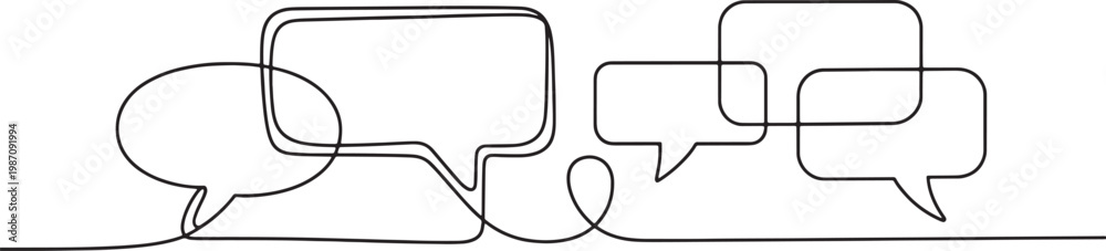 Obraz premium Continuous line drawing of overlapping speech bubbles, conveying communication, conversation, and dialogue ideas. Vector Illustration