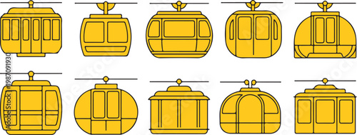 Set of modern cable car gondola icons representing winter mountain transportation and tourist aerial lift systems