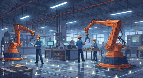 Engineers supervising advanced robotic systems in a smart factory, reflecting modern industrial automation and technological innovation