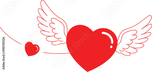 Flying red heart with white wings and speed lines symbolizing fast delivery of love romantic passion vector illustration