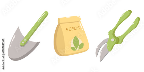 Cartoon-style illustration of a garden trowel, yellow seed packet labeled “SEEDS” with leaf motif, and green-handled pruning shears. Bright, cheerful composition, simple shapes and clean lines, suitab