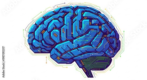 Blue Abstract Brain with Digital Connections