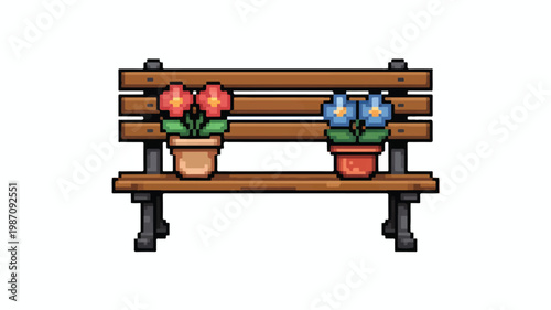 Pixel art illustration of bench with potted flowers on white background