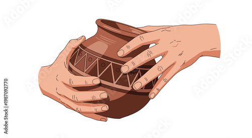 Illustration of two hands carefully holding a brown clay pot with a geometric zigzag pattern, suggesting craftsmanship, pottery, and ancient traditions.