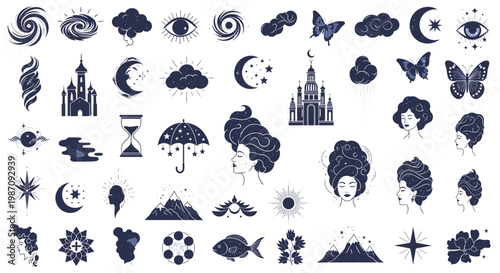 Large set of various dark blue mystical icons including moons, stars, clouds, eyes, castles, butterflies, and female heads for esoteric design.