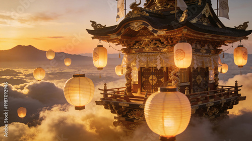 Surreal levitating Japanese temple pavilion above a sea of clouds at sunset. Traditional glowing lanterns floating in the air during a mystical spiritual festival