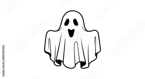 Simple black and white line drawing of a classic cartoon ghost with a wavy bottom edge and large black hollow eyes and mouth for Halloween themes.