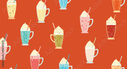 Decorative food pattern showcasing assorted milkshakes and iced coffee drinks with whipped cream on a warm terracotta orange background.