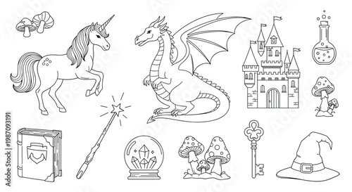 Enchanting collection of fantasy line art illustrations including a unicorn dragon magic wand castle and mystical crystal ball for coloring.