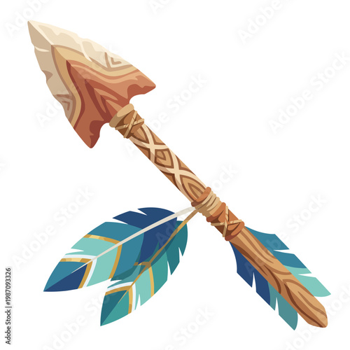 A beautifully illustrated traditional wooden arrow adorned with colorful feathers, reflecting the rich artistic heritage and cultural symbolism of hunting and archery.