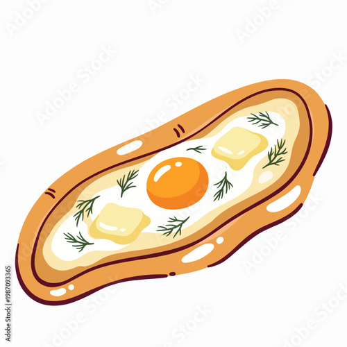 This image captures an artistic view of a fried egg with butter and dill atop a doughy base, illustrating culinary creativity and the joy of breakfast.