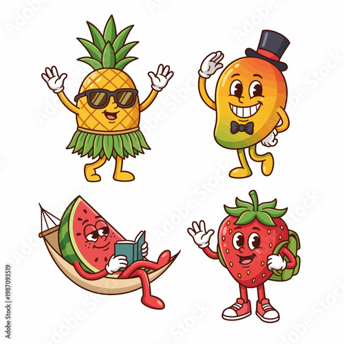 A playful arrangement of anthropomorphic fruit characters, each with their unique personality and charm, depicting fun and cheerfulness in a vibrant and cartoony art style.