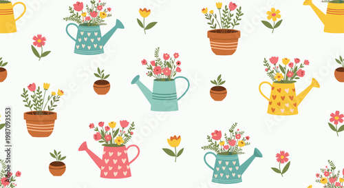 Lovely gardening pattern featuring watering cans decorated with hearts and various potted plants and flowers for hobbyists.