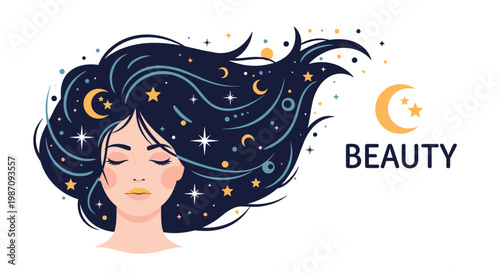 Serene portrait of a woman with flowing dark hair filled with moons and stars alongside BEAUTY text and a crescent moon icon.