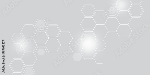 Molecular structure abstract tech background. Geometric grey background. Vector banner design with hexagons. Science network pattern, connecting lines and dots Medical background, Vector illustration 