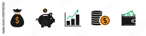 Finance icon set with business money symbols, wallet cards coins piggy bank and growth chart vector illustration