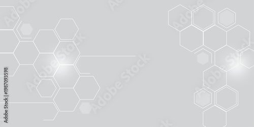 Molecular structure abstract tech background. Geometric grey background. Vector banner design with hexagons. Science network pattern, connecting lines and dots Medical background, Vector illustration 