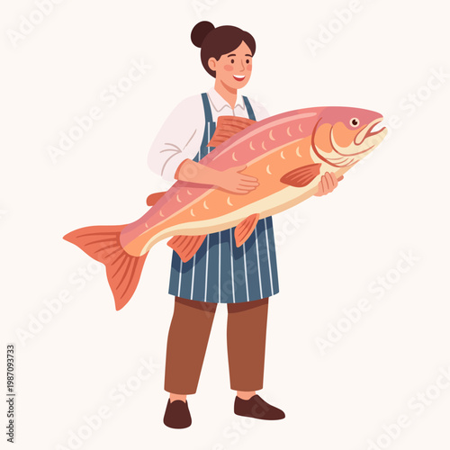 An enthusiastic fishmonger proudly displays a large, fresh fish, emphasizing the importance of quality seafood in cooking and the tradition of local markets.