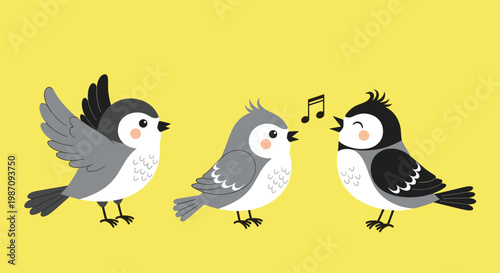 Adorable illustration of three small birds singing with musical notes on a bright yellow background for kids and nursery art.
