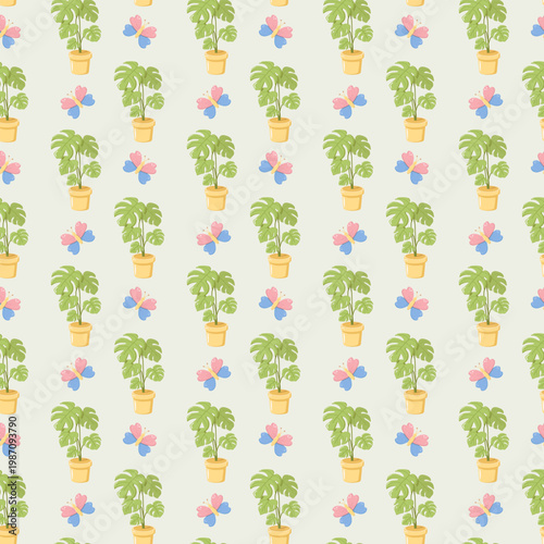 Seamless pattern with potted monstera plants and colorful paired butterflies on a soft cream background. Vibrant nature-inspired design, perfect for textiles, wallpaper, stationery, wrapping paper, an