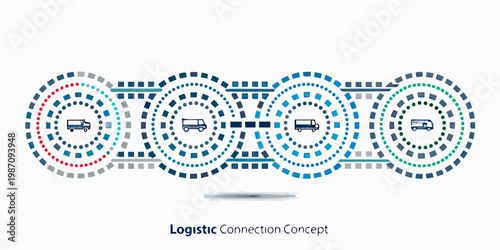 Logistics network illustration with vehicles connected by circular nodes