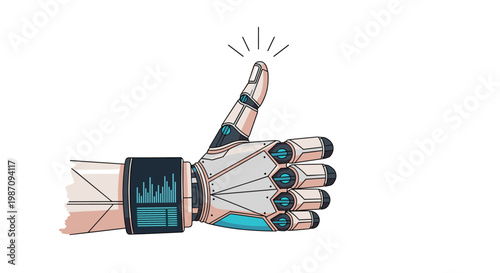 High tech robotic arm and hand giving a positive thumbs up gesture featuring a glowing digital interface on the cybernetic wrist.