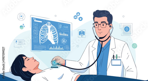 Professional Doctor Examining Patient with Stethoscope, Integrated with Advanced Digital Medical Scan Technology and Data Display for Diagnosis