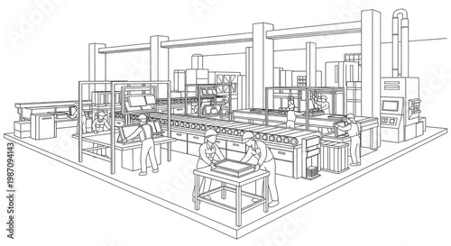 Factory production line detailed illustration of workers and machines
