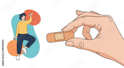 Creative illustration showing a hand holding a medical bandage next to a person in a dynamic pose over abstract shapes.