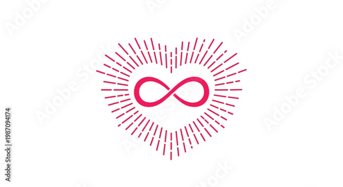 Vibrant pink heart symbol containing a matching infinity loop icon with radiating lines on a clean white background.