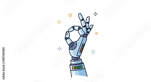 Futuristic robotic hand making an okay gesture surrounded by colorful geometric stars and circles on a white background.
