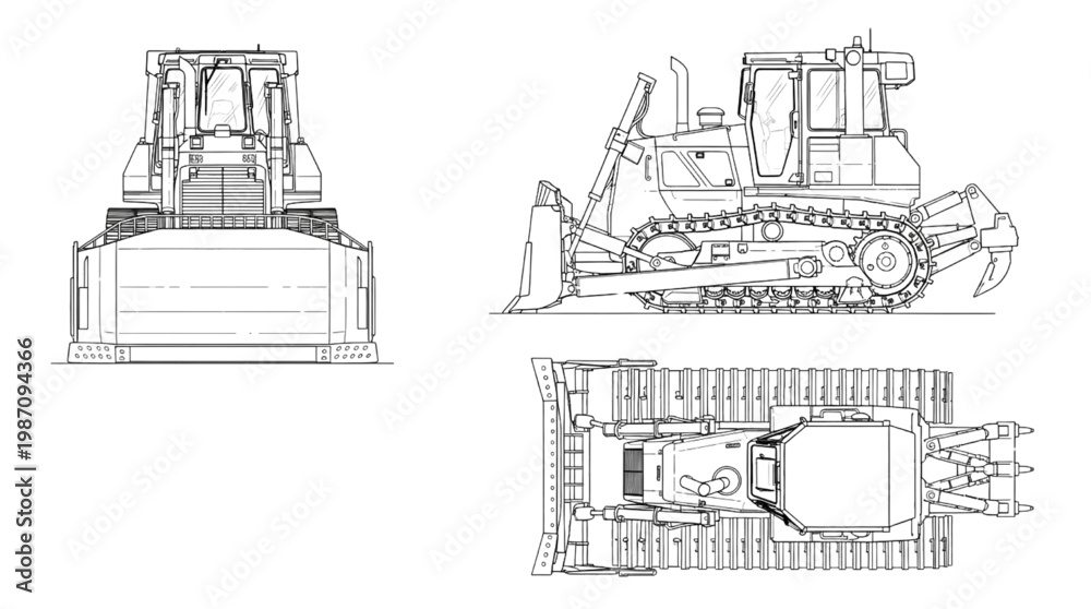 Obraz premium Bulldozer CAD Blueprint, Construction Vehicle Technical Drawing Front Side Top Views