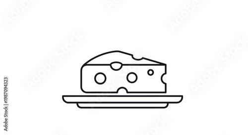 Minimalist black outline drawing of a wedge of swiss cheese with holes resting on a simple small plate on white background.