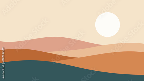 Minimalist landscape with rolling hills and a bright circular sun