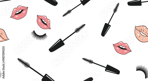 Glamorous seamless pattern featuring pink feminine lips, long dark eyelashes, and black mascara wands on a white background.