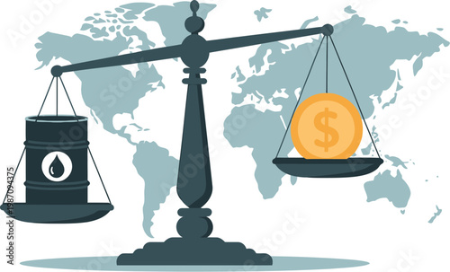 Global energy market economics concept balance scale weighing oil against gold dollar coin over world map vector illustration